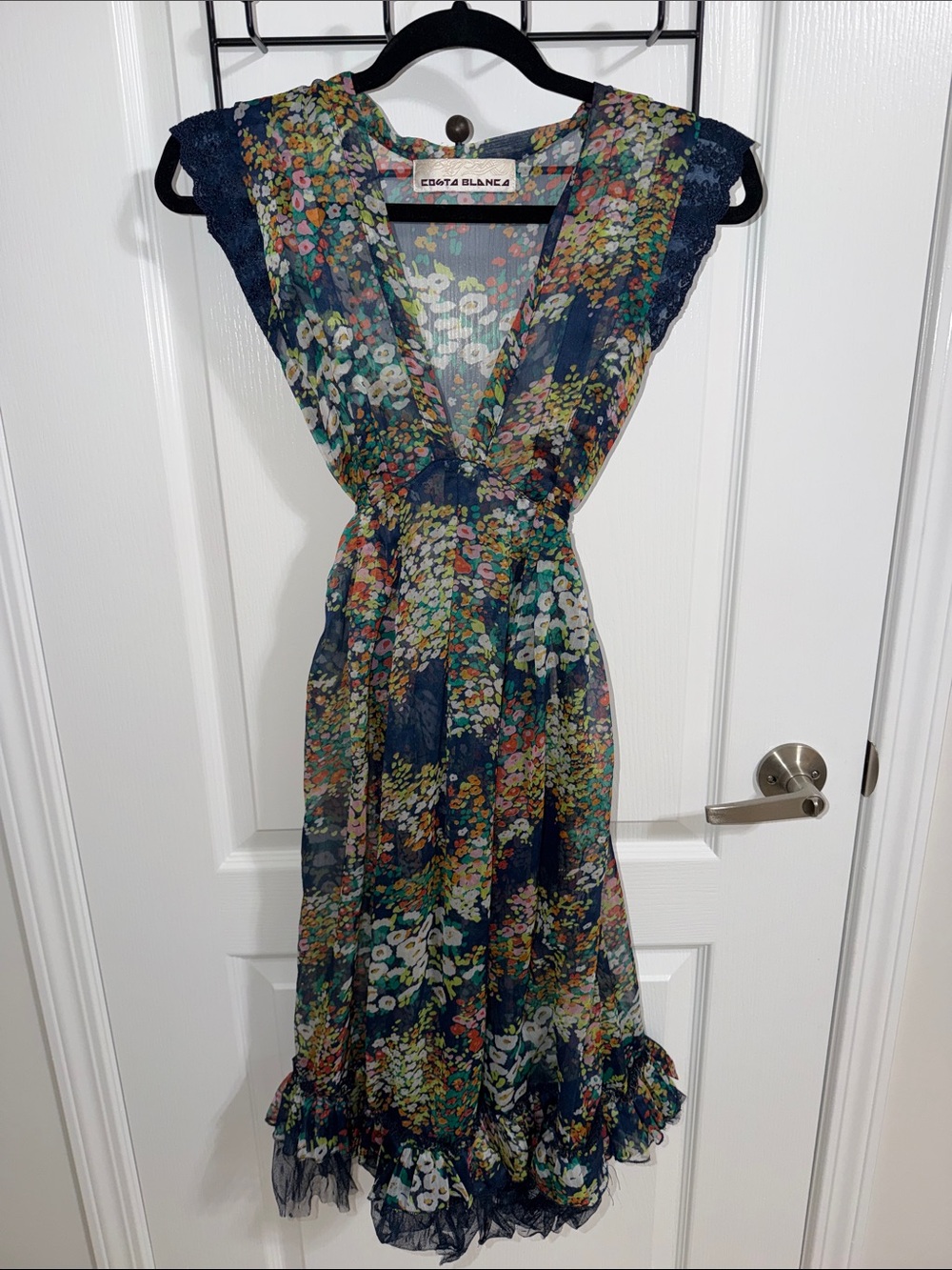 Costa Blanca Navy Floral Midi Dress with V-Neck